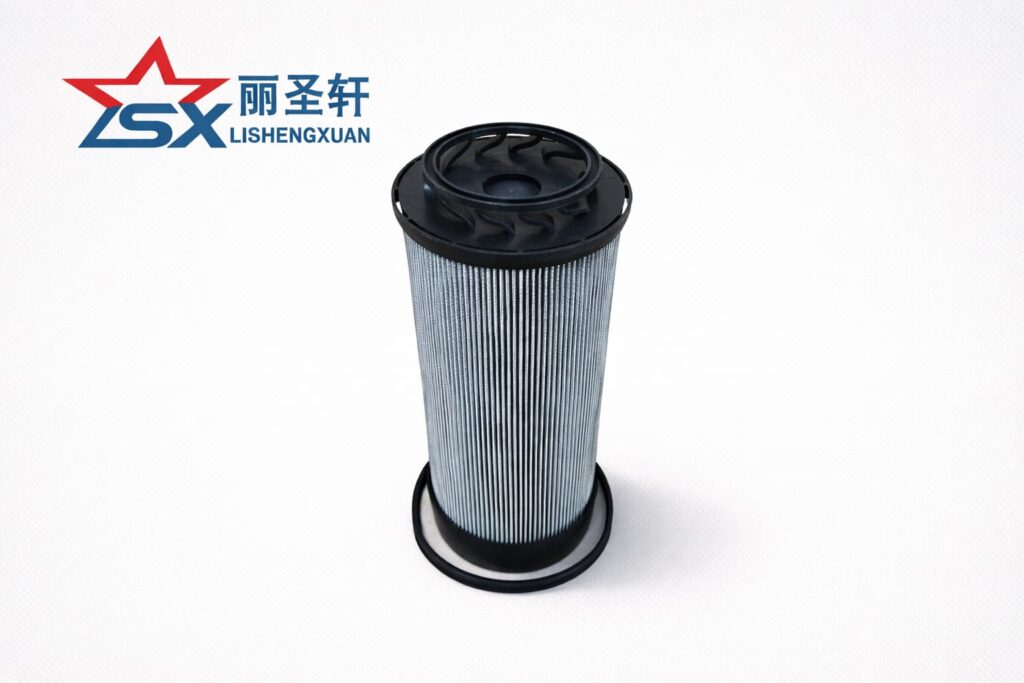 Hydraulic Oil Filter for CASE, New Holland and Steyr Tractors with open top design in catalog-style background
