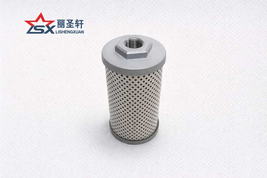 Hydraulic filter element with threaded top connection and perforated metal housing