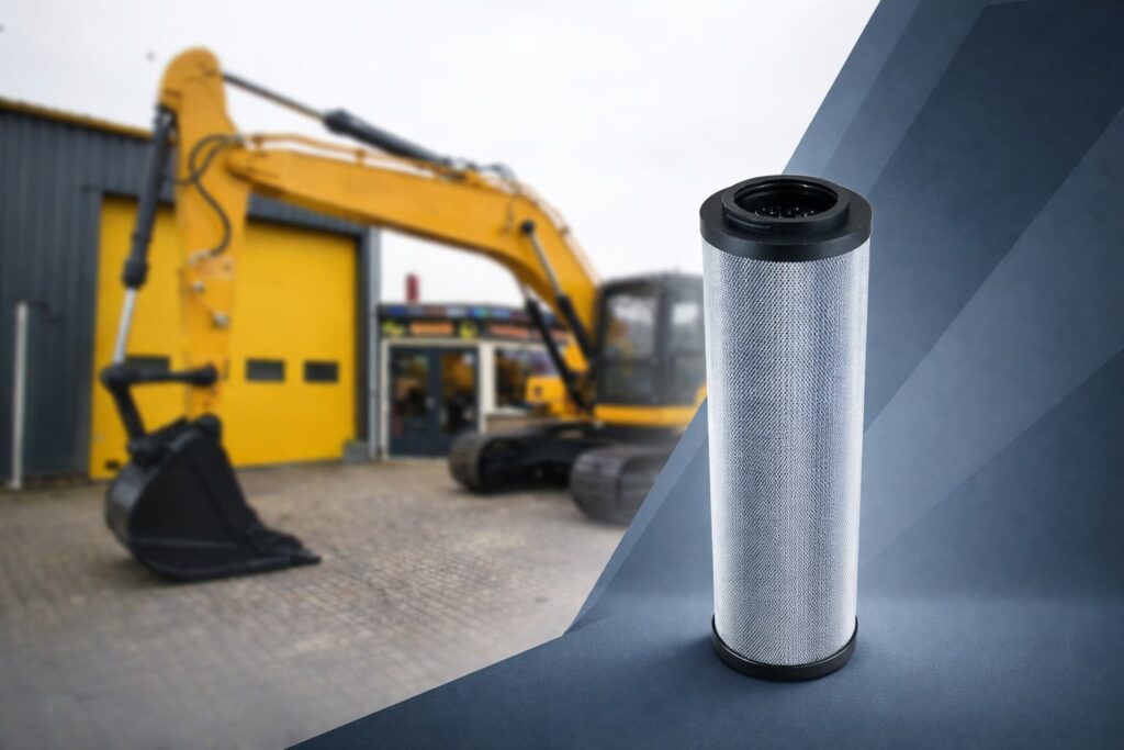 Hydraulic filter hero banner with yellow excavator background and vertical filter on blue-gray diagonal panel