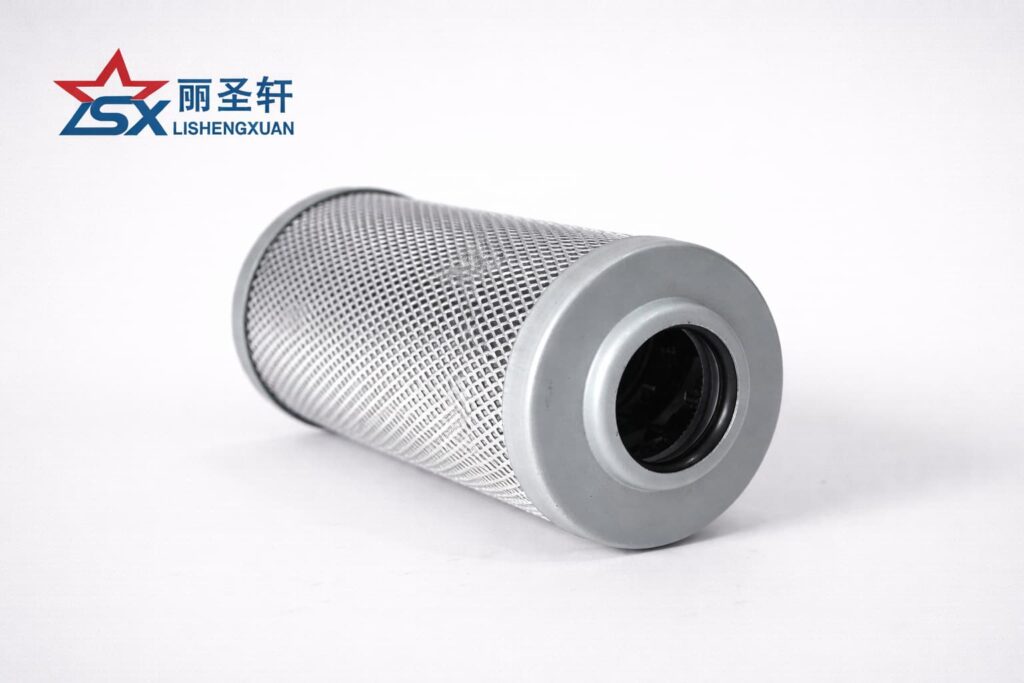 Hydraulic oil filter element side view with inner opening and metal mesh on light gray background