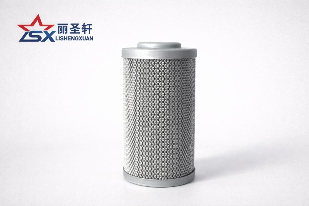 Hydraulic oil filter element with metal outer mesh on light gray catalog background