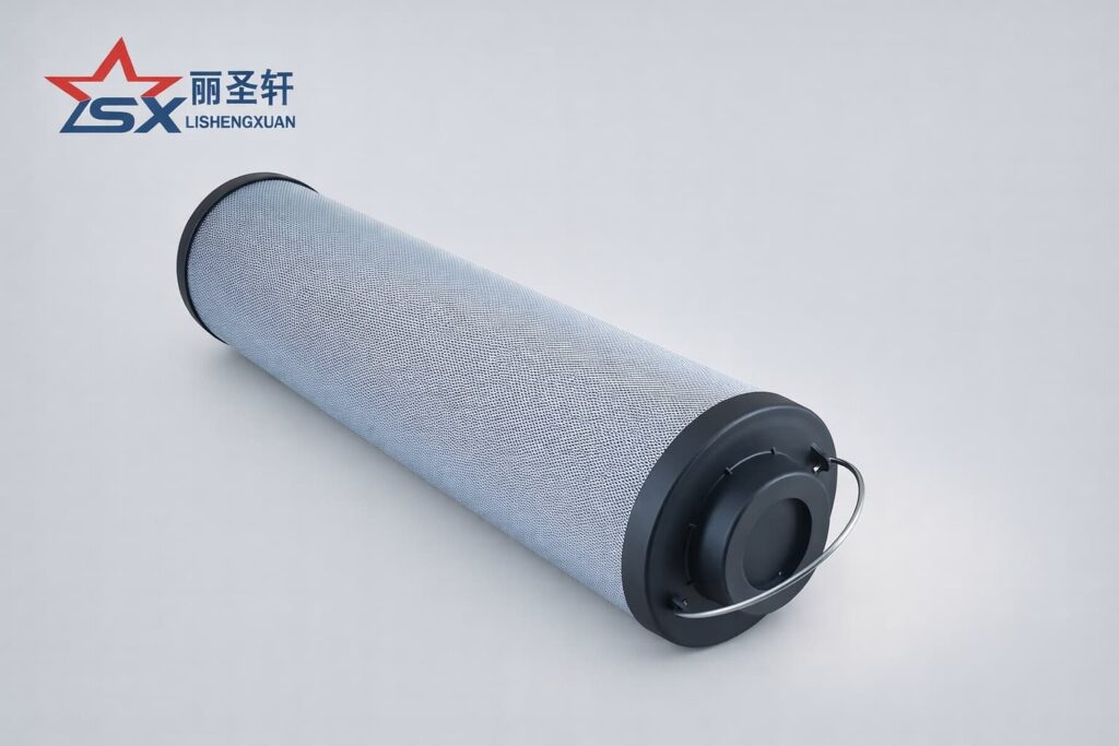 Industrial hydraulic filter element on light gray textured background with LSX logo