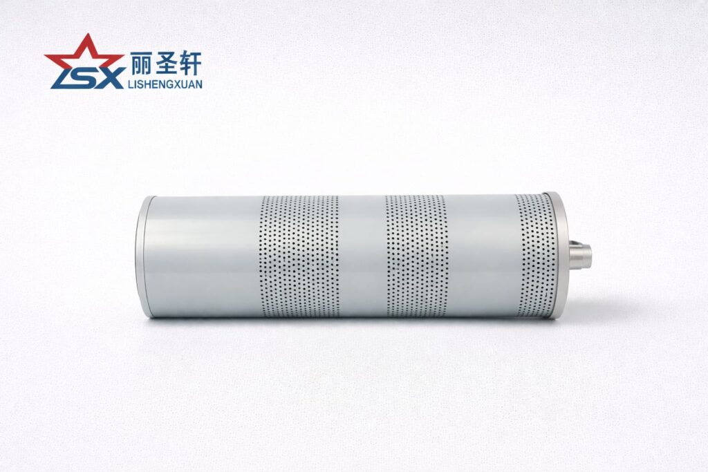 Industrial hydraulic filter element with perforated metal housing in horizontal side view