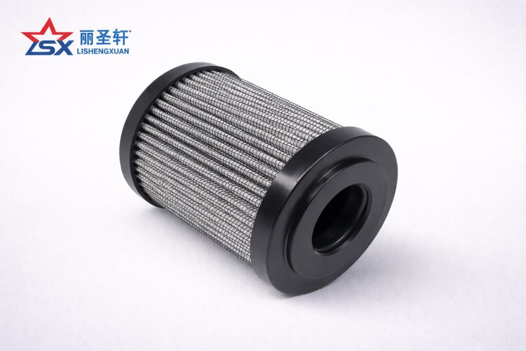 Metal mesh hydraulic filter element with black end caps in angled view
