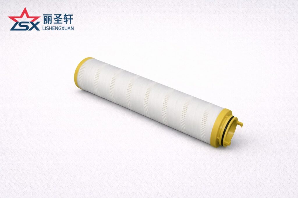 Pleated hydraulic filter element with yellow end caps in angled view