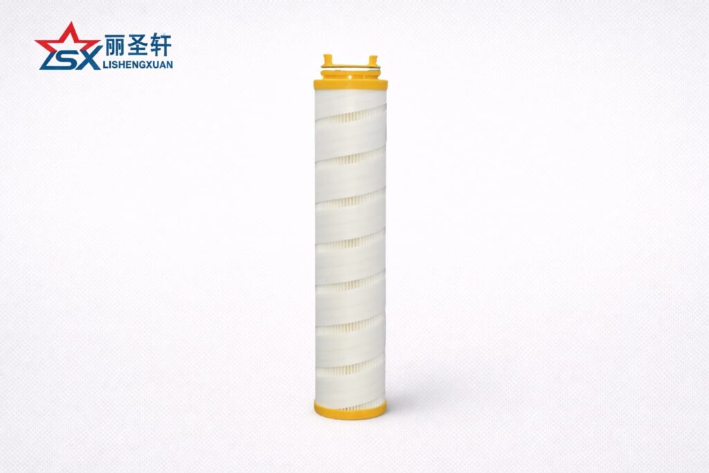 Pleated hydraulic filter element with yellow end caps in vertical view