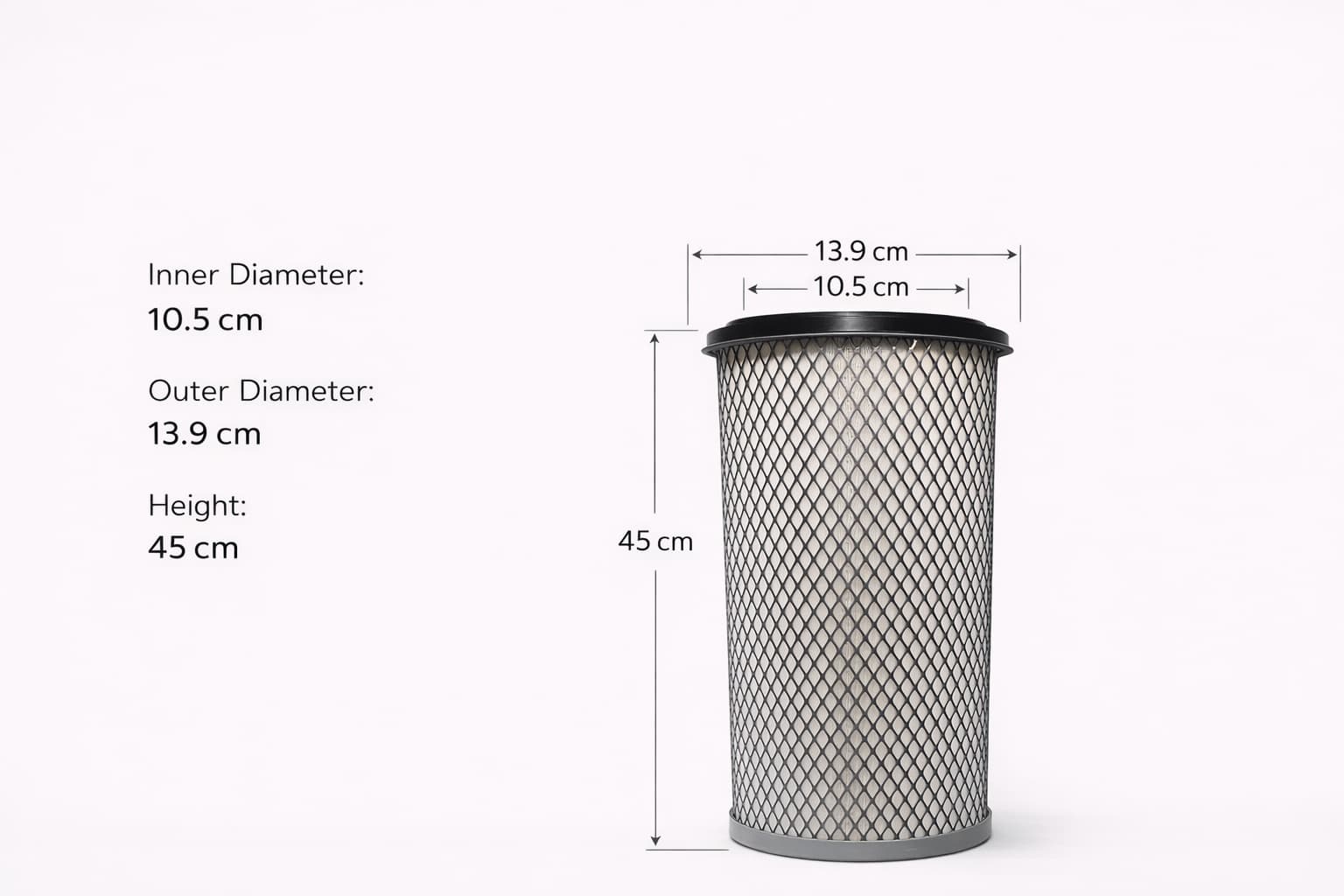 Air Filter Element with Inner Diameter 10.5 cm, Outer Diameter 13.9 cm, and Height 45 cm