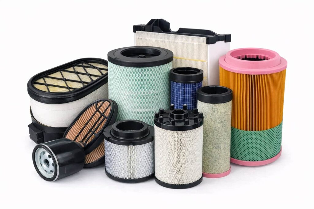 Air filter elements grouped together on a white background