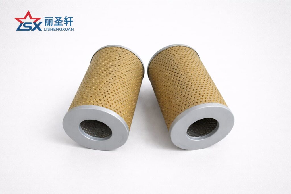 Angled twin paper filter cartridges with metal end caps for aftermarket oil filter replacement