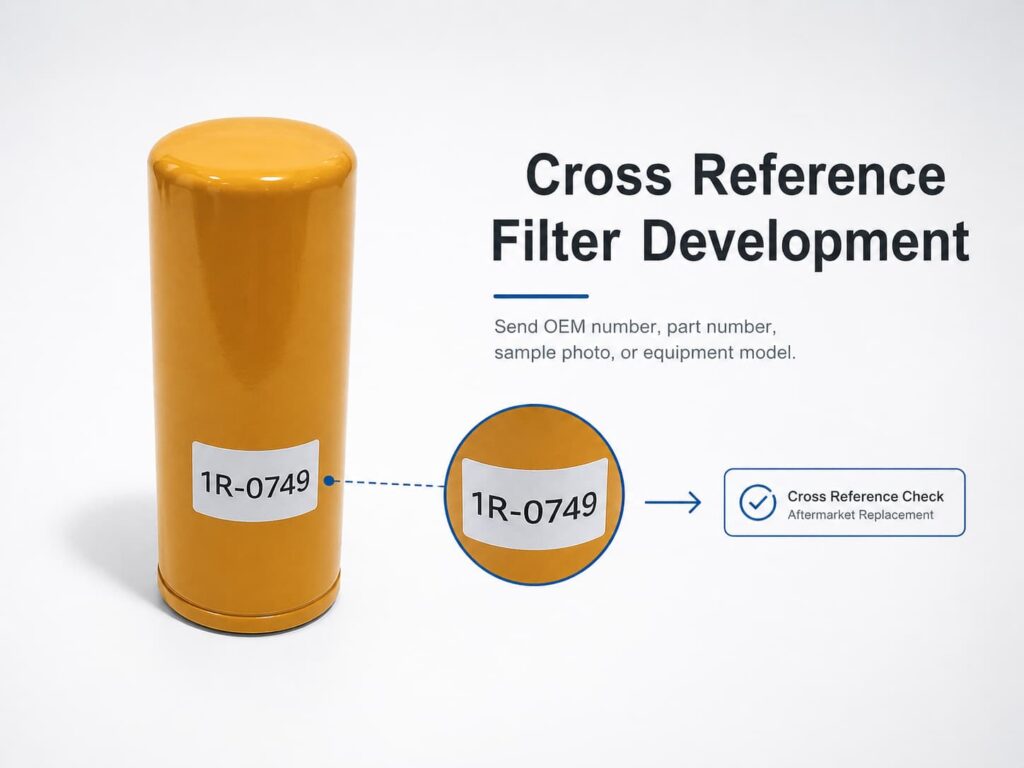Cross reference filter development image showing a yellow filter with a 1R-0749 label, label zoom-in detail, and aftermarket replacement check process