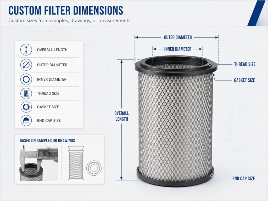 Custom filter dimensions infographic showing a cylindrical filter with labeled measurements including overall length, outer diameter, inner diameter, thread size, gasket size, and end cap size, based on sam