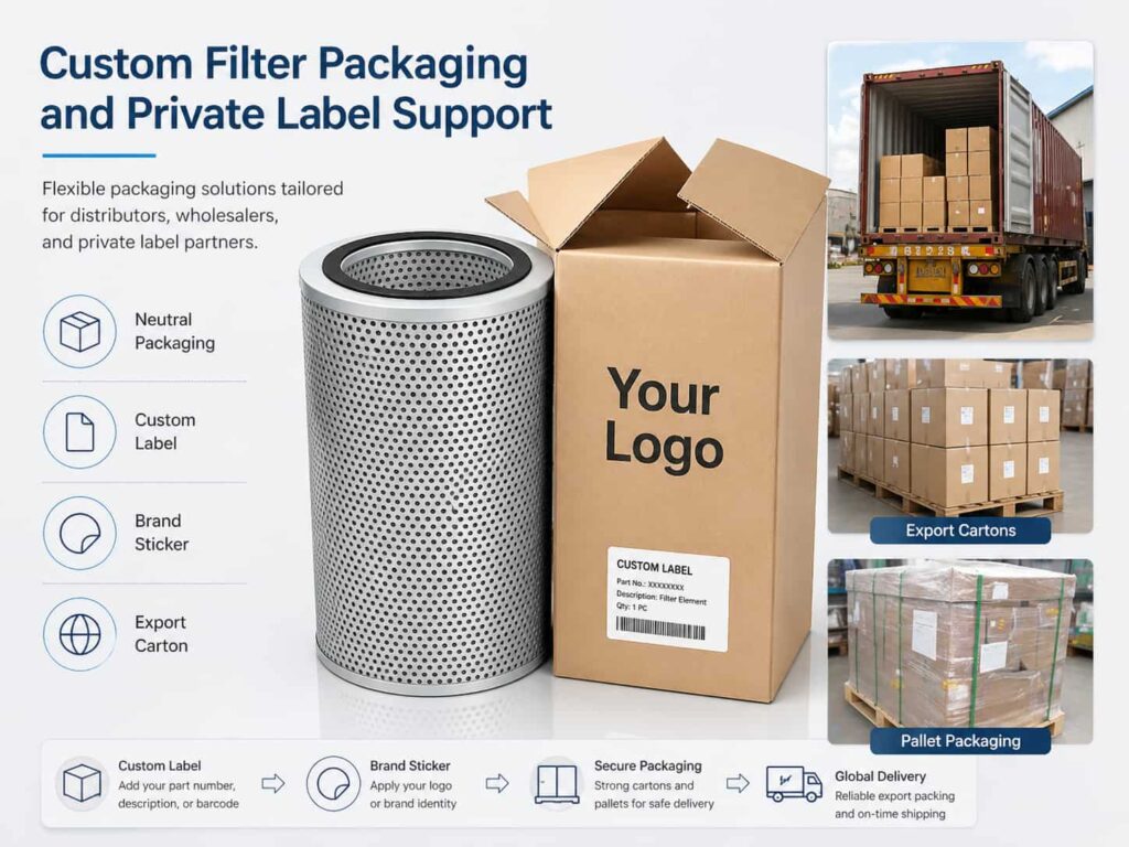 Custom filter packaging and private label support image showing an industrial filter, carton box with Your Logo, custom label, export cartons, pallet packaging, and container loading