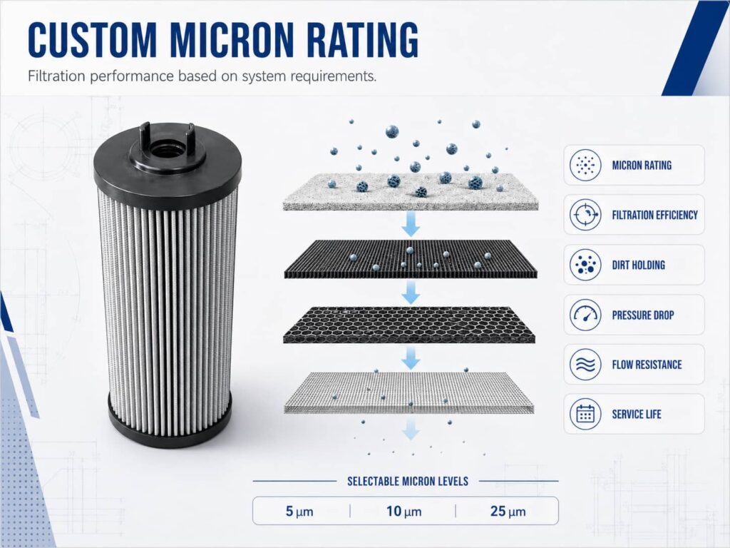 Custom micron rating infographic showing a pleated industrial filter element, a layered filtration process with particle capture, and key performance factors including micron rating, filtration efficiency,