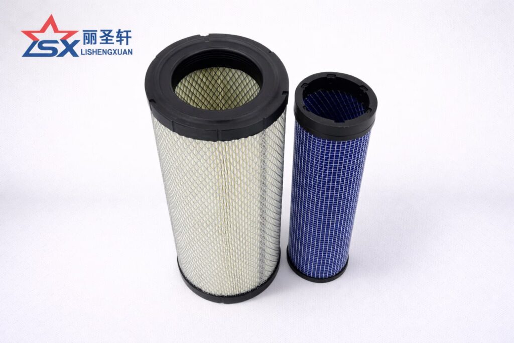 Cylindrical engine air filter kit with main paper filter and inner blue secondary filter for industrial equipment