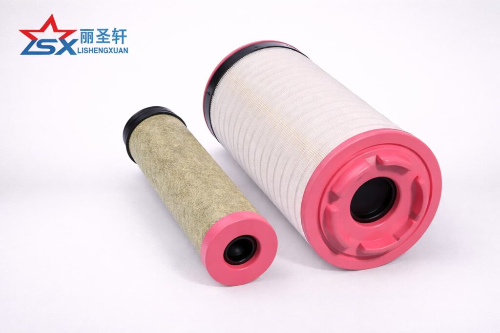 Cylindrical engine air filter with integrated inner safety filter and pink end caps