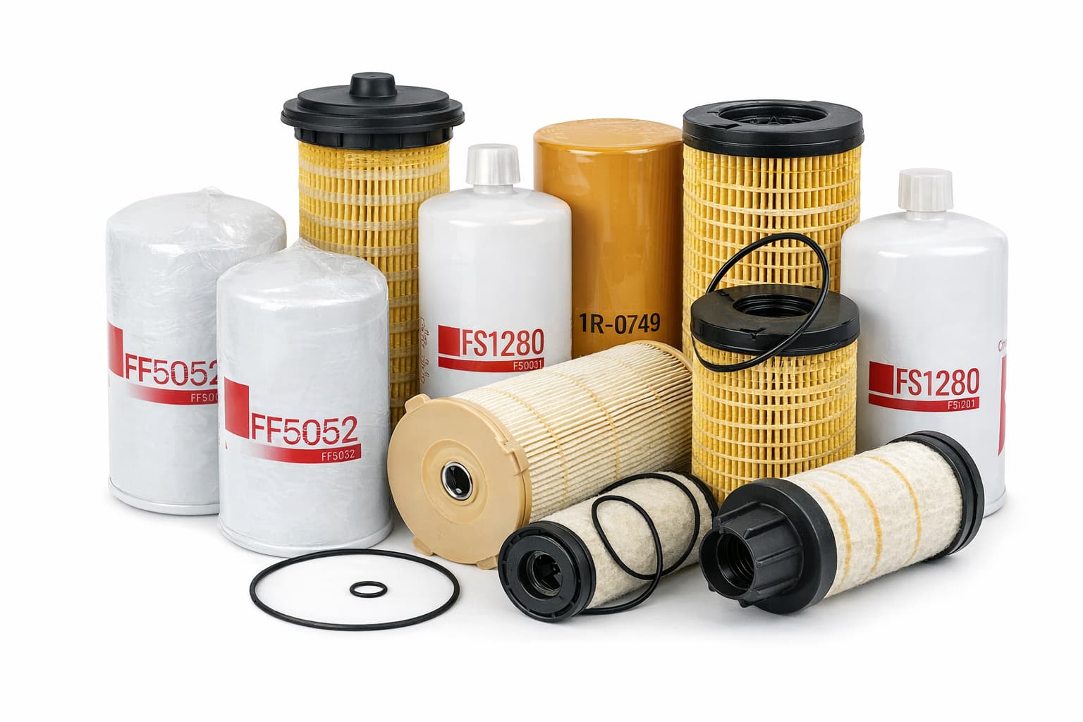 Fuel Filter Category Image with Multiple Cartridge and Spin-On Fuel Filters on White Background