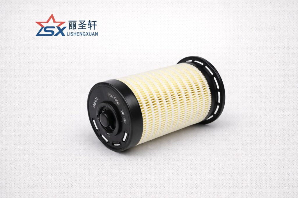 Fuel filter element with perforated end cap for diesel engine filtration systems