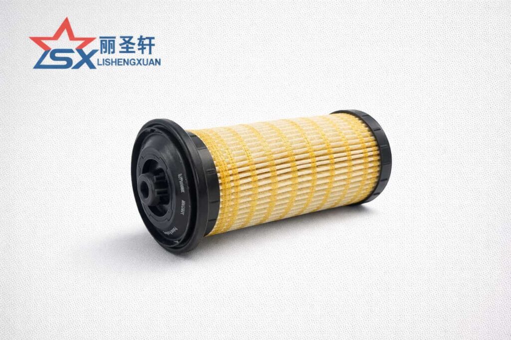Fuel filter element with pleated paper media and plastic end caps for diesel engine systems