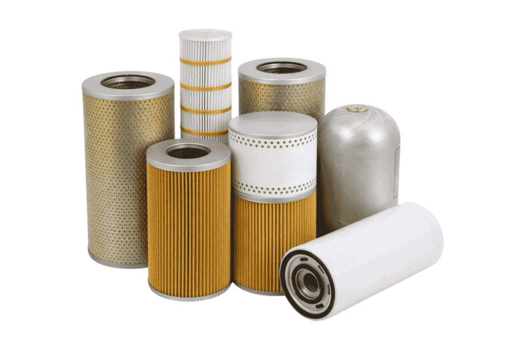 Grouped industrial oil filters in different cartridge and spin-on styles on a white background