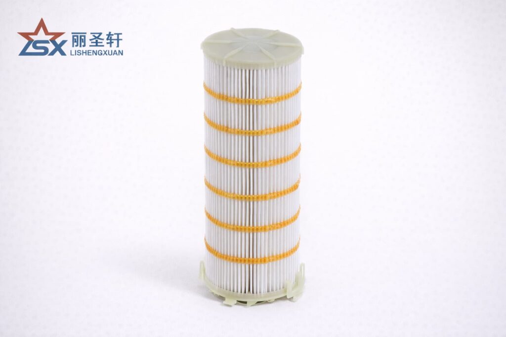 Horizontal pleated filter cartridge with reinforced media and end fitting for equipment filter replacement