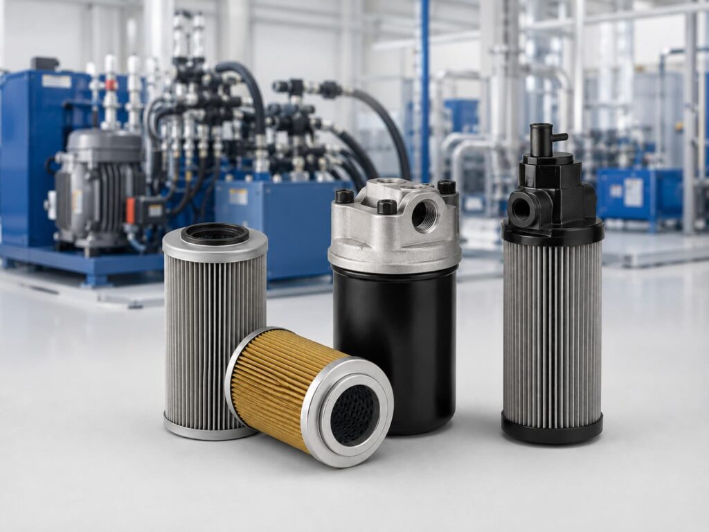 Hydraulic filter elements and metal filter housing for industrial hydraulic systems