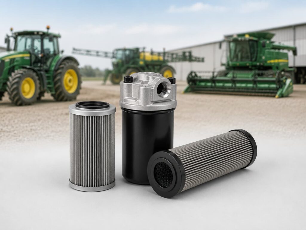 Hydraulic filters for agricultural machinery with tractor, sprayer, and harvester background