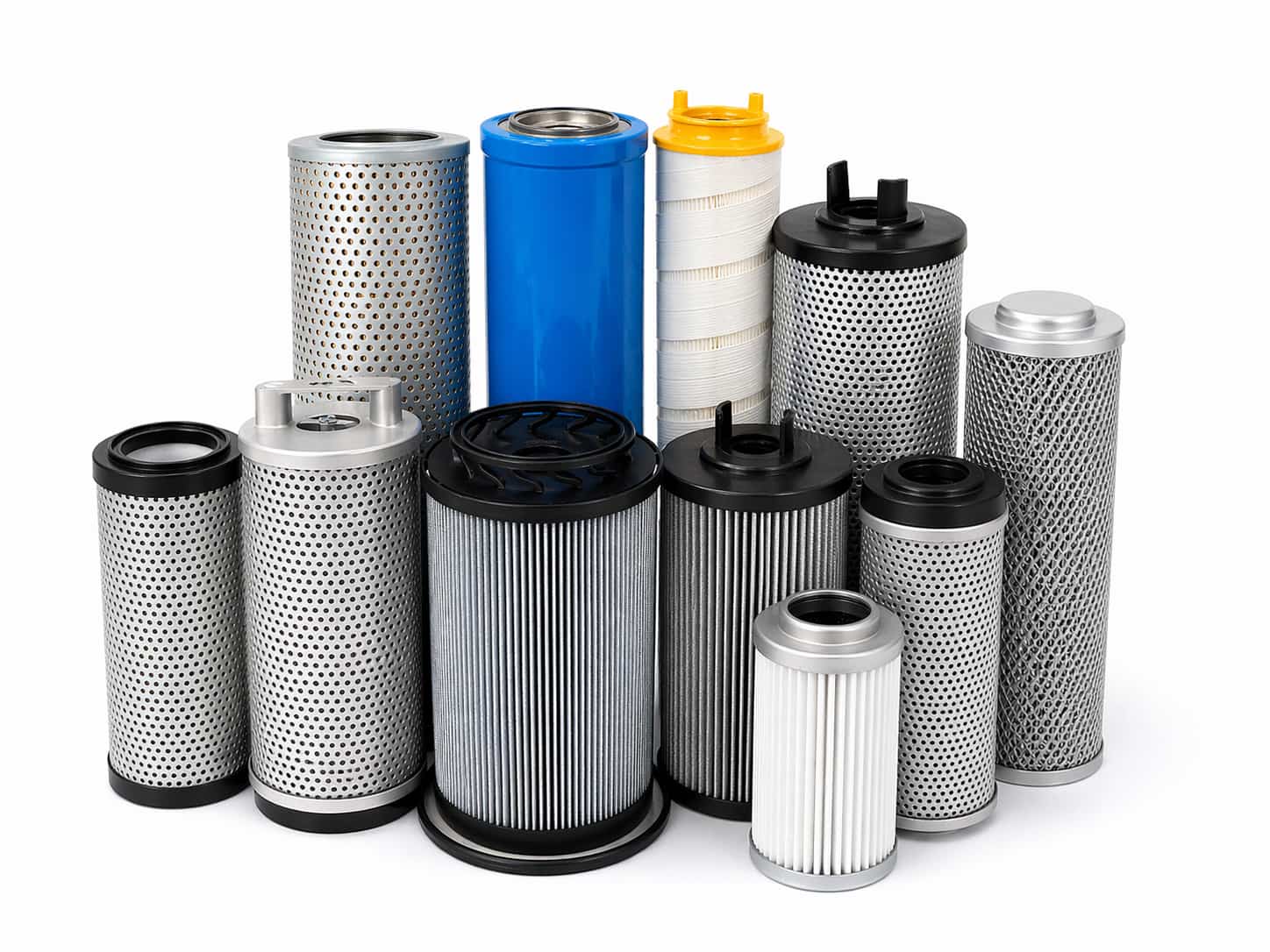 Hydraulic oil filter elements grouped product image on white background for industrial filter category display