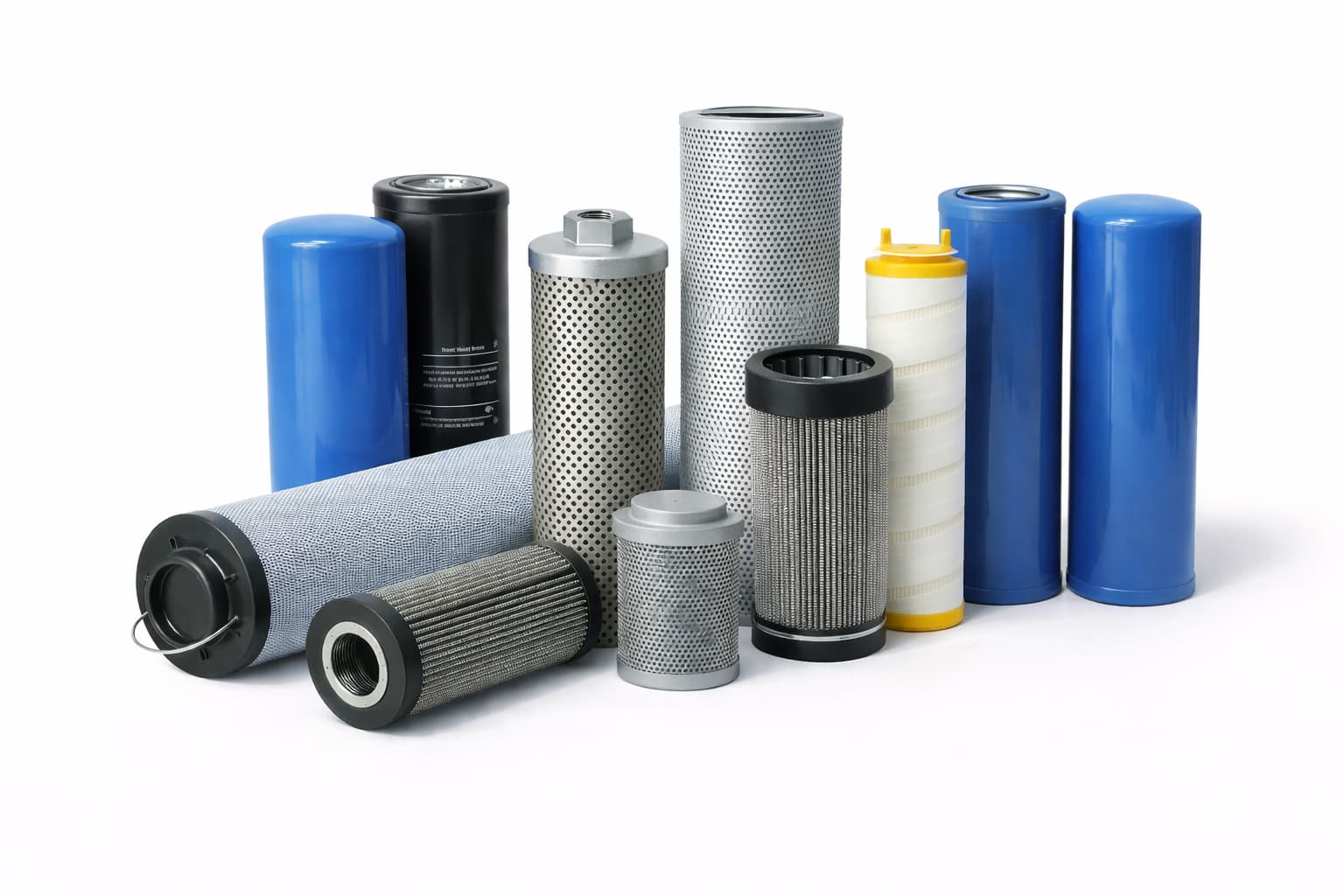 Industrial filter category image with assorted hydraulic and spin-on filter elements on white background