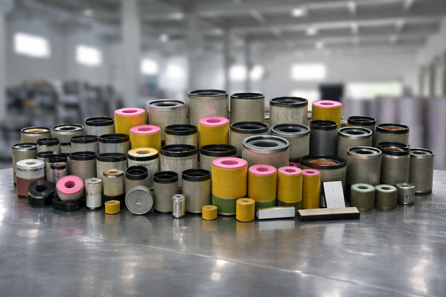 Industrial filter elements arranged on a worktable in a factory setting