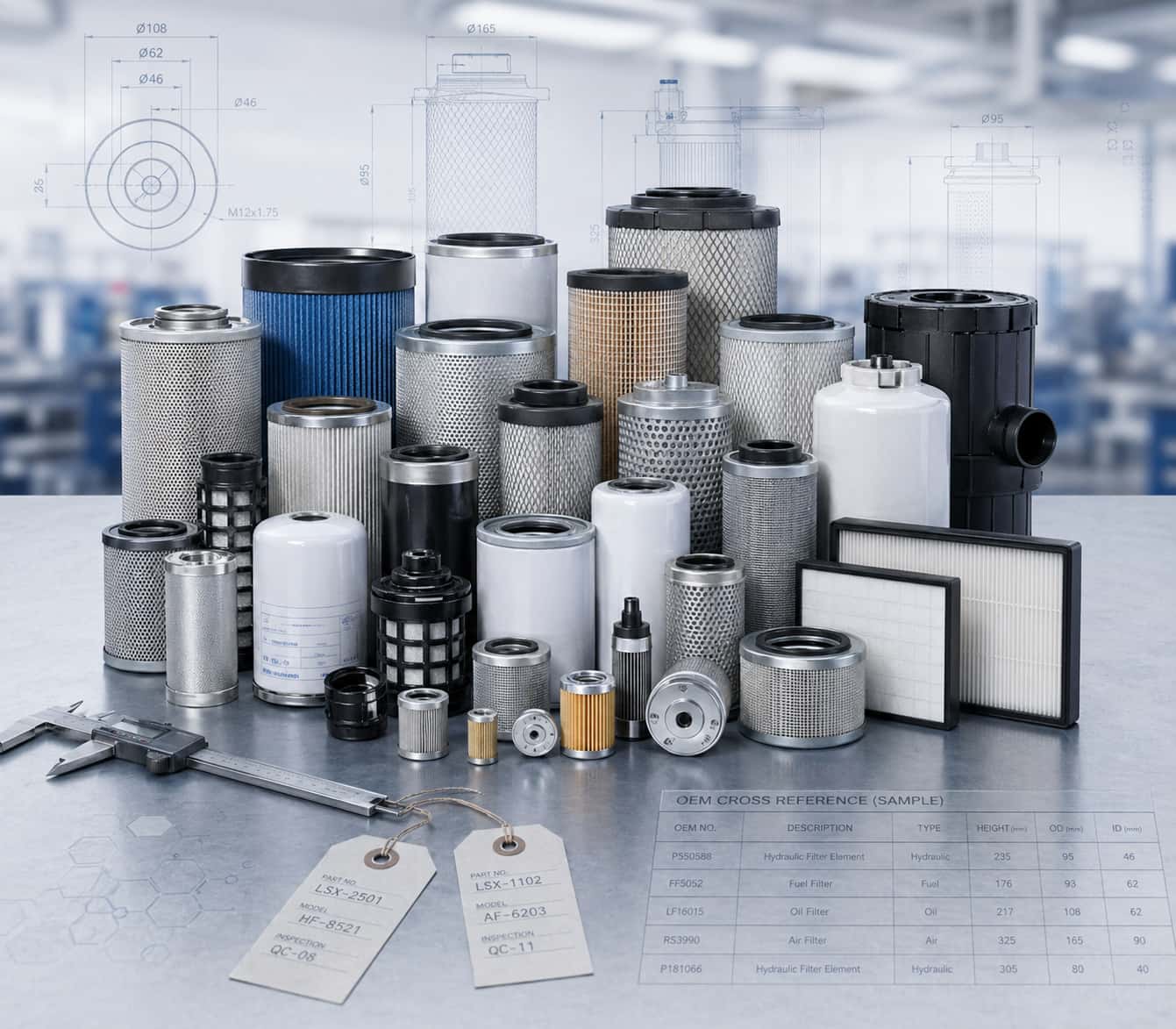 Industrial filter elements, fuel filters, oil filters, air filters, and hydraulic filters arranged on a technical inspection workbench with blueprint drawings, caliper, sample tags, and OEM cross-reference