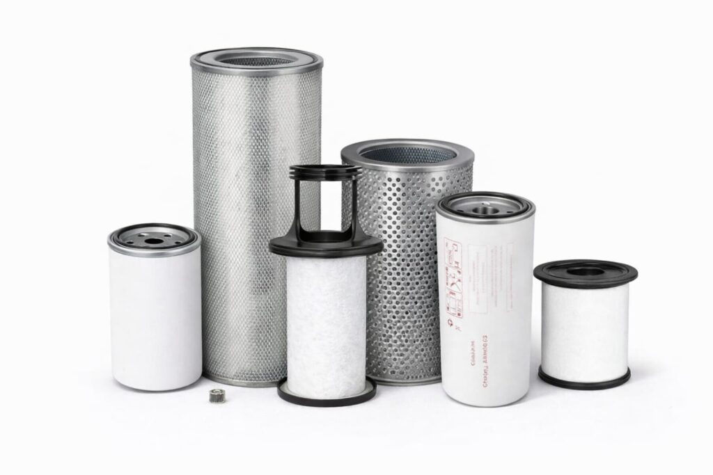 Industrial oil air separator elements grouped together on white background