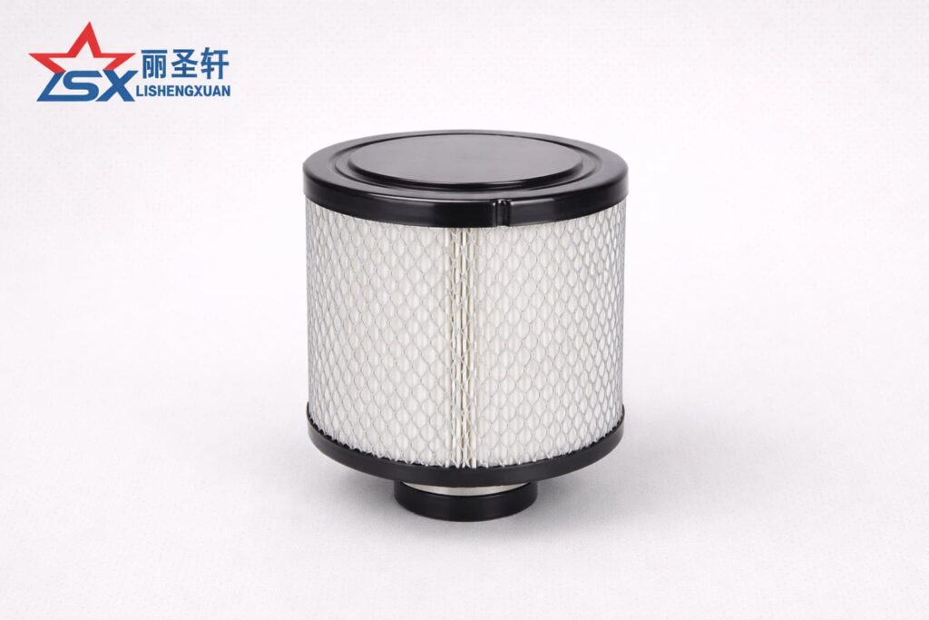 LSX branded compact cylindrical air filter with black end caps and white mesh outer layer on a light gray catalog background