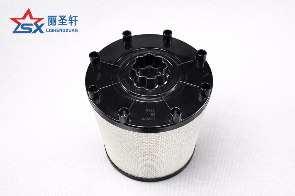 LSX branded cylindrical filter element with black plastic top cap and white mesh media on a light gray catalog background