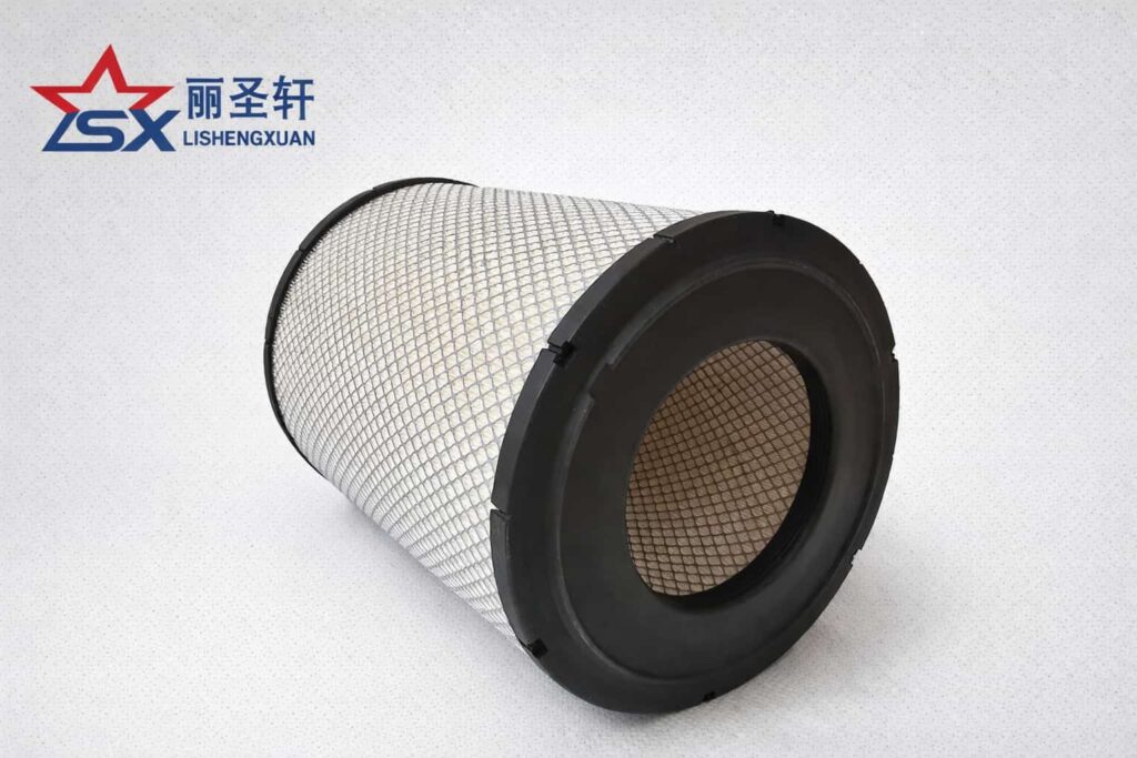 LSX branded heavy-duty cylindrical air filter with black end caps and metal mesh outer shell on a light gray catalog background