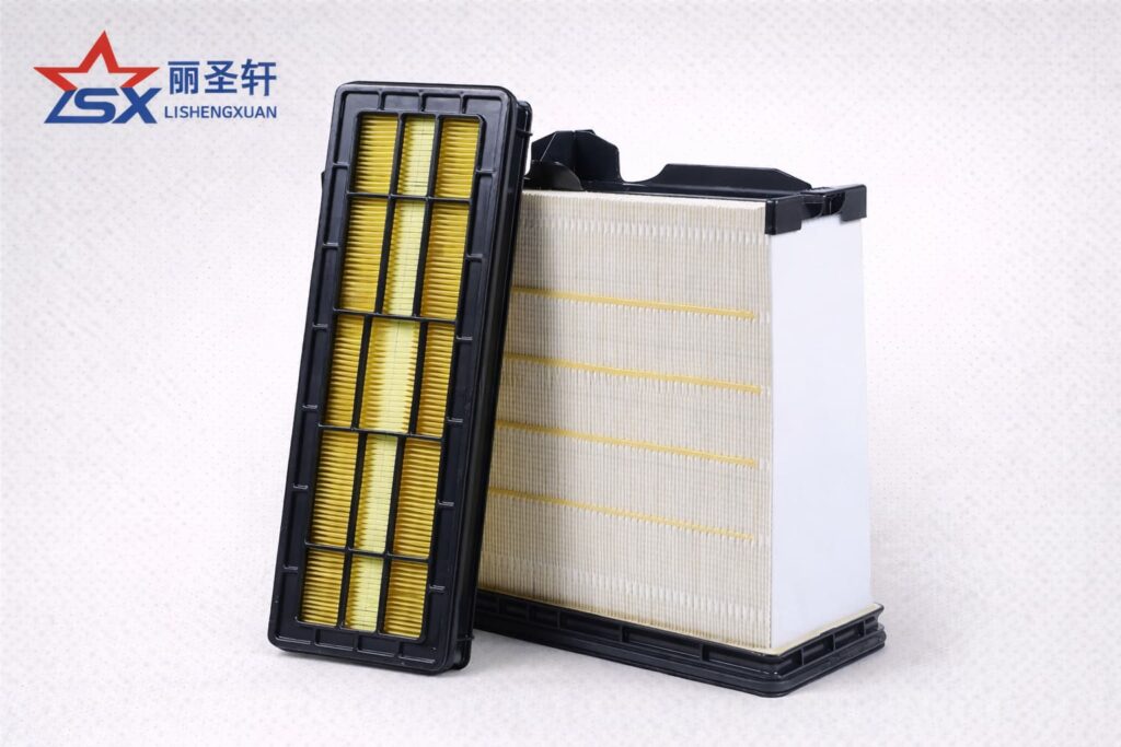 LSX branded panel air filter set with rectangular primary filter and narrow secondary filter on a light gray catalog background