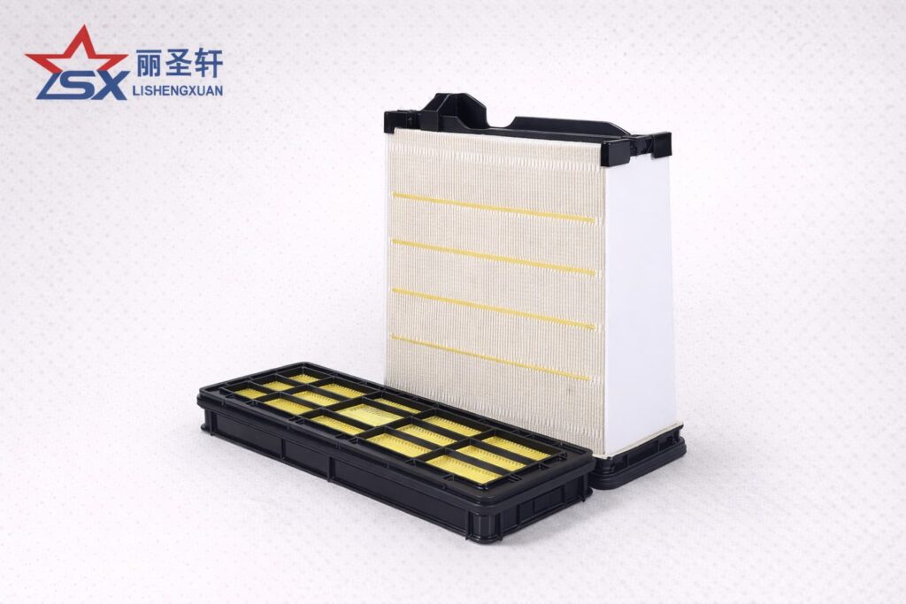 LSX branded rectangular air filter pair with upright main filter and flat secondary element on a clean light gray background