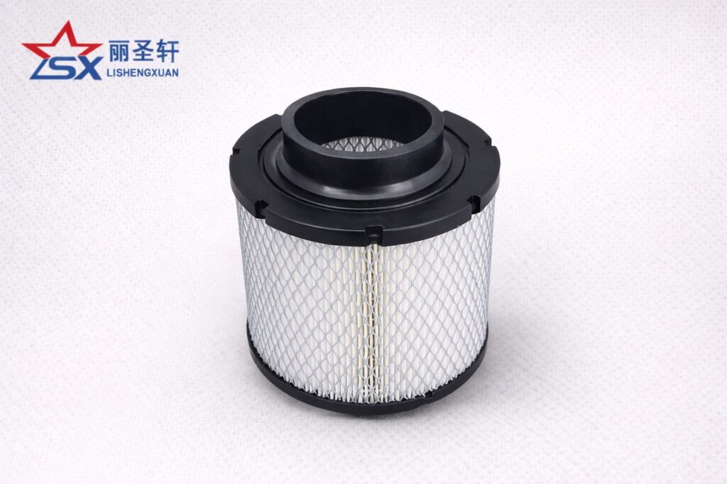 LSX branded round air filter element with black top and bottom caps and white filter media on a clean light gray background