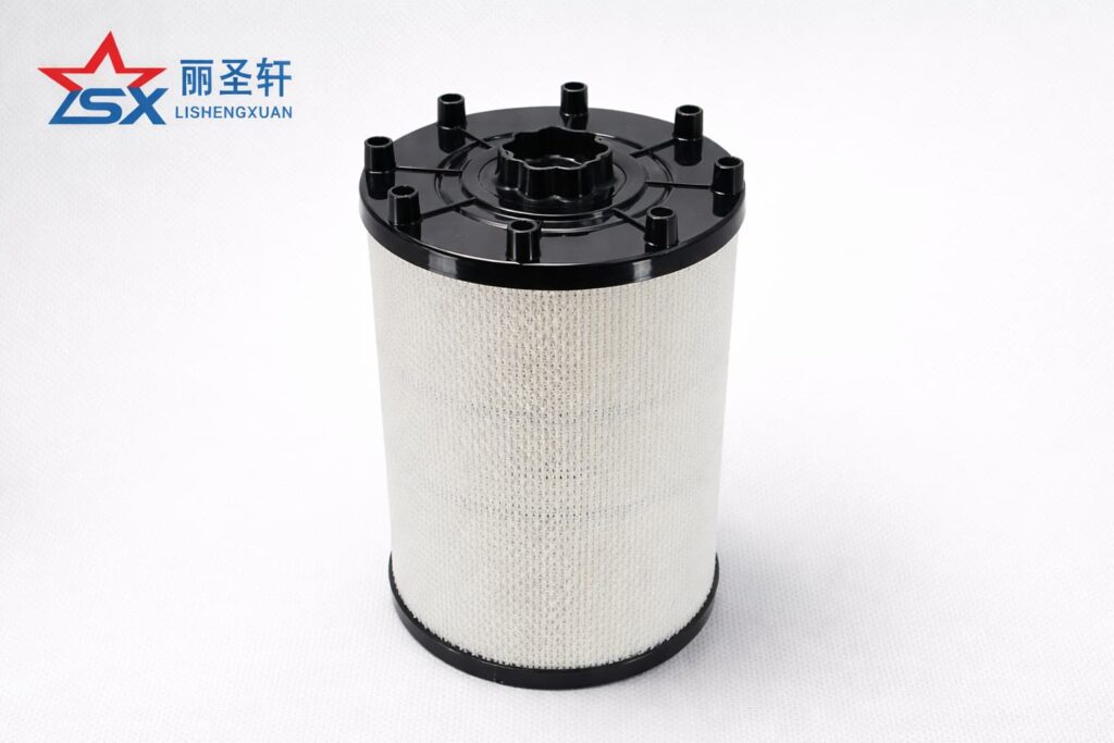 LSX branded top-view industrial filter cartridge with black multi-post end cap and white filter media on a clean light gray background
