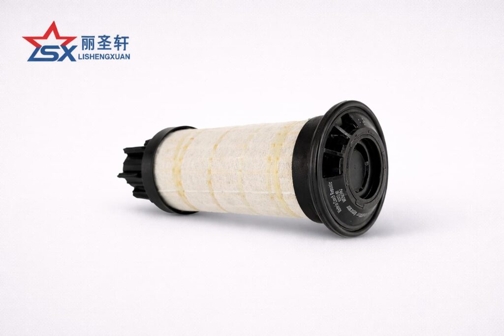 LSX fuel filter element catalog image, single upright filter on light gray textured background