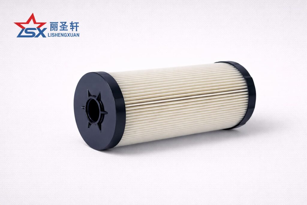LSX fuel filter element catalog image, single upright fuel filter element on light gray textured background