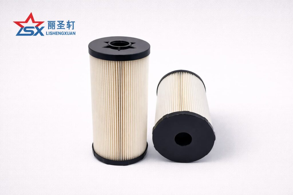 LSX fuel filter element catalog image, two filter elements on light gray textured background