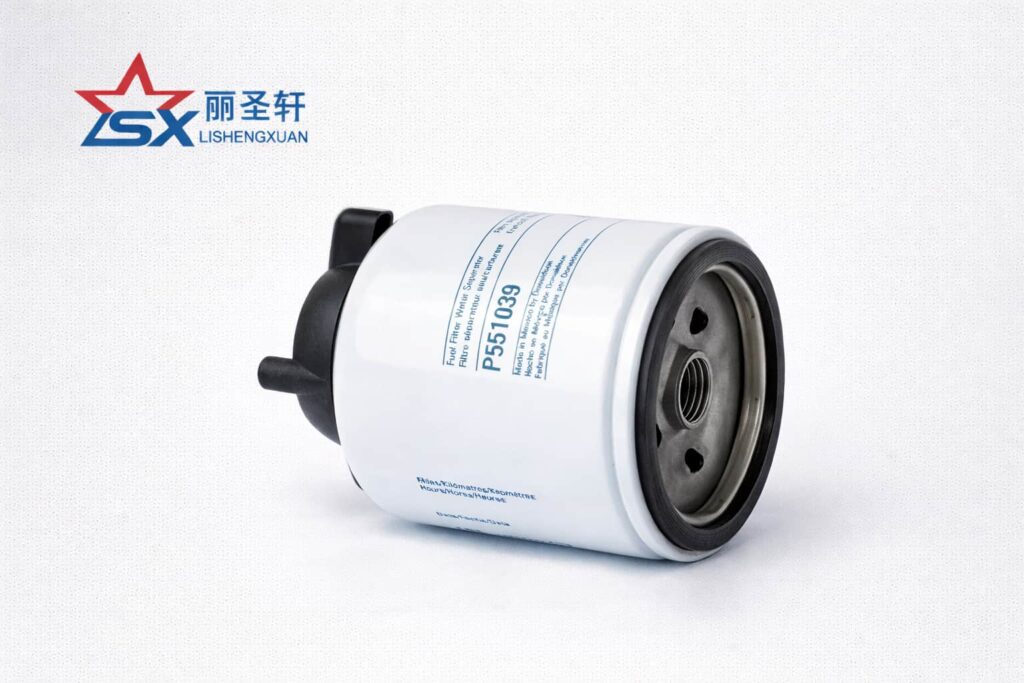 LSX fuel water separator filter with upright view and base-end view on light gray catalog background