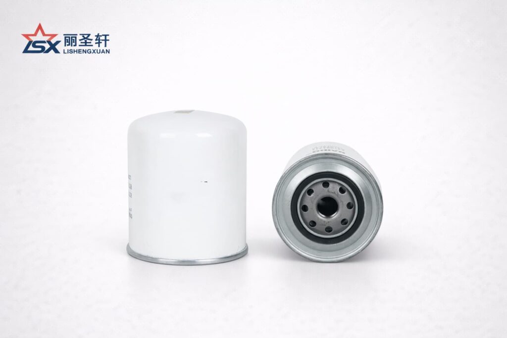 LSX spin-on oil filter product image with clean gray catalog background and logo in top left