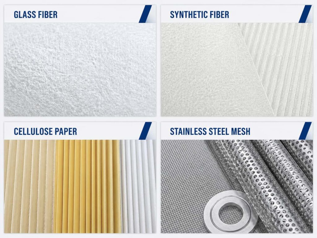 Material comparison image showing four main industrial filter media types glass fiber, synthetic fiber, cellulose paper, and stainless steel mesh