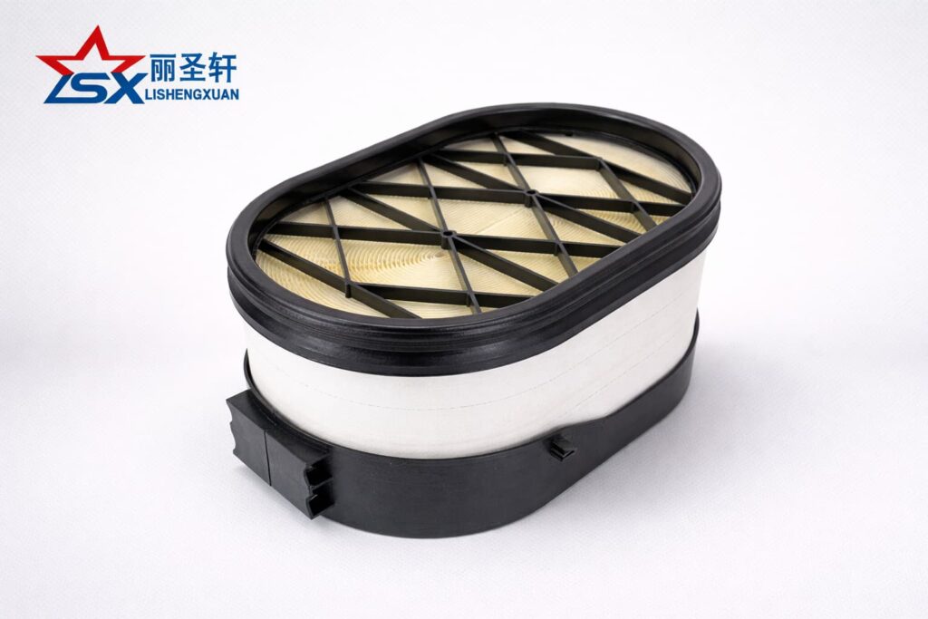 Oval heavy-duty air filter element with pleated paper media and black plastic frame