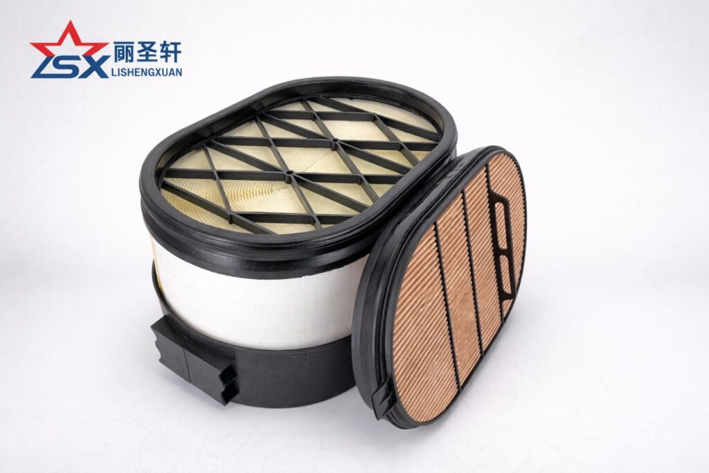 Oval industrial air filter set with primary filter housing and separate secondary filter panel