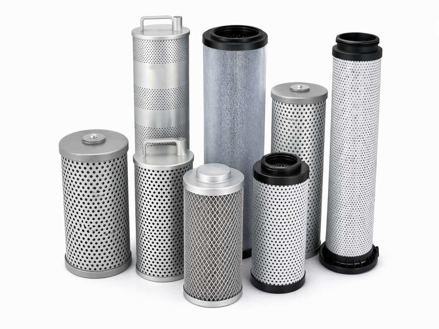 Return filter elements grouped product image on white background for industrial filter category display