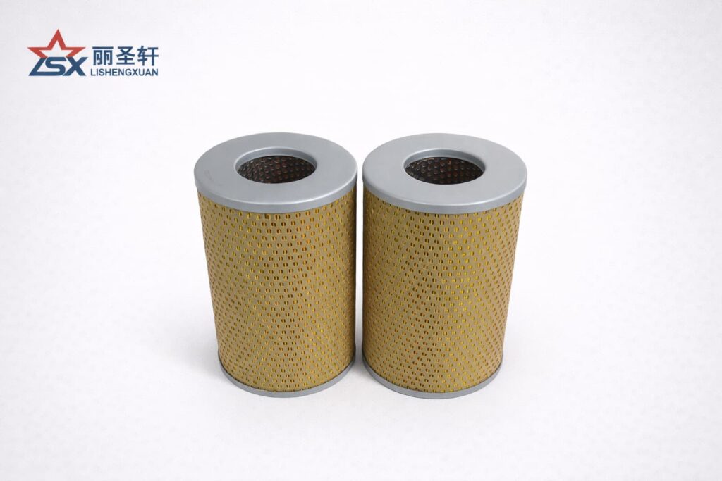 Twin paper oil filter elements with perforated metal outer shell for industrial engine filtration