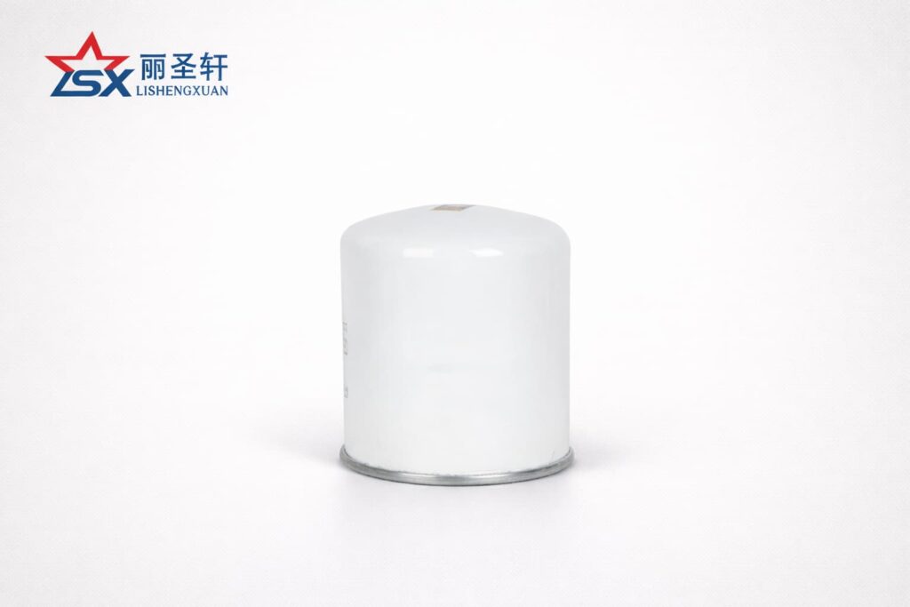 Two LSX spin-on oil filters on clean gray catalog background, one upright and one showing threaded base