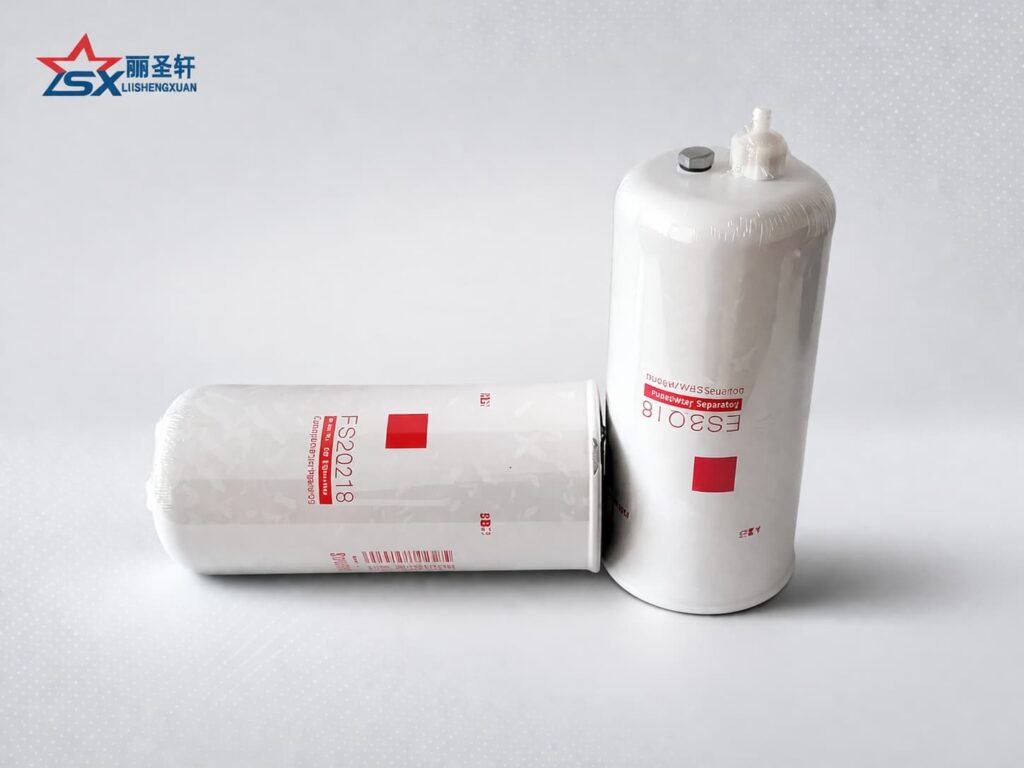 Two white Cummins-style fuel water separator filters with LSX logo on a clean product background